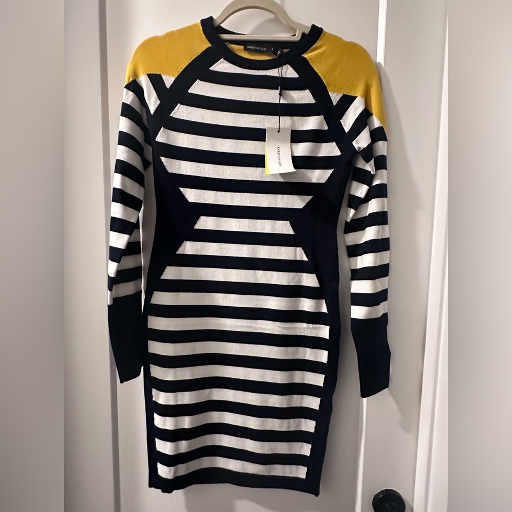 Karen Millen Navy and White Striped soft knit Dress with Yellow Trims